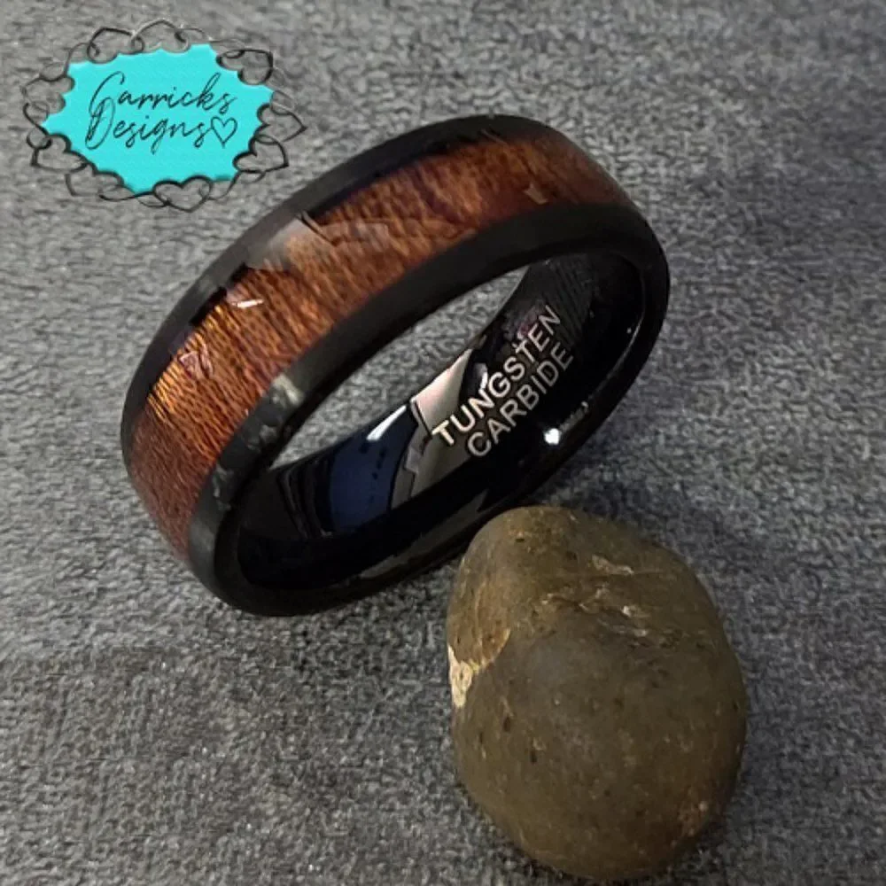 Men's Real Black Tungsten Wedding Ring With Whiskey Barrel Wood Inlay